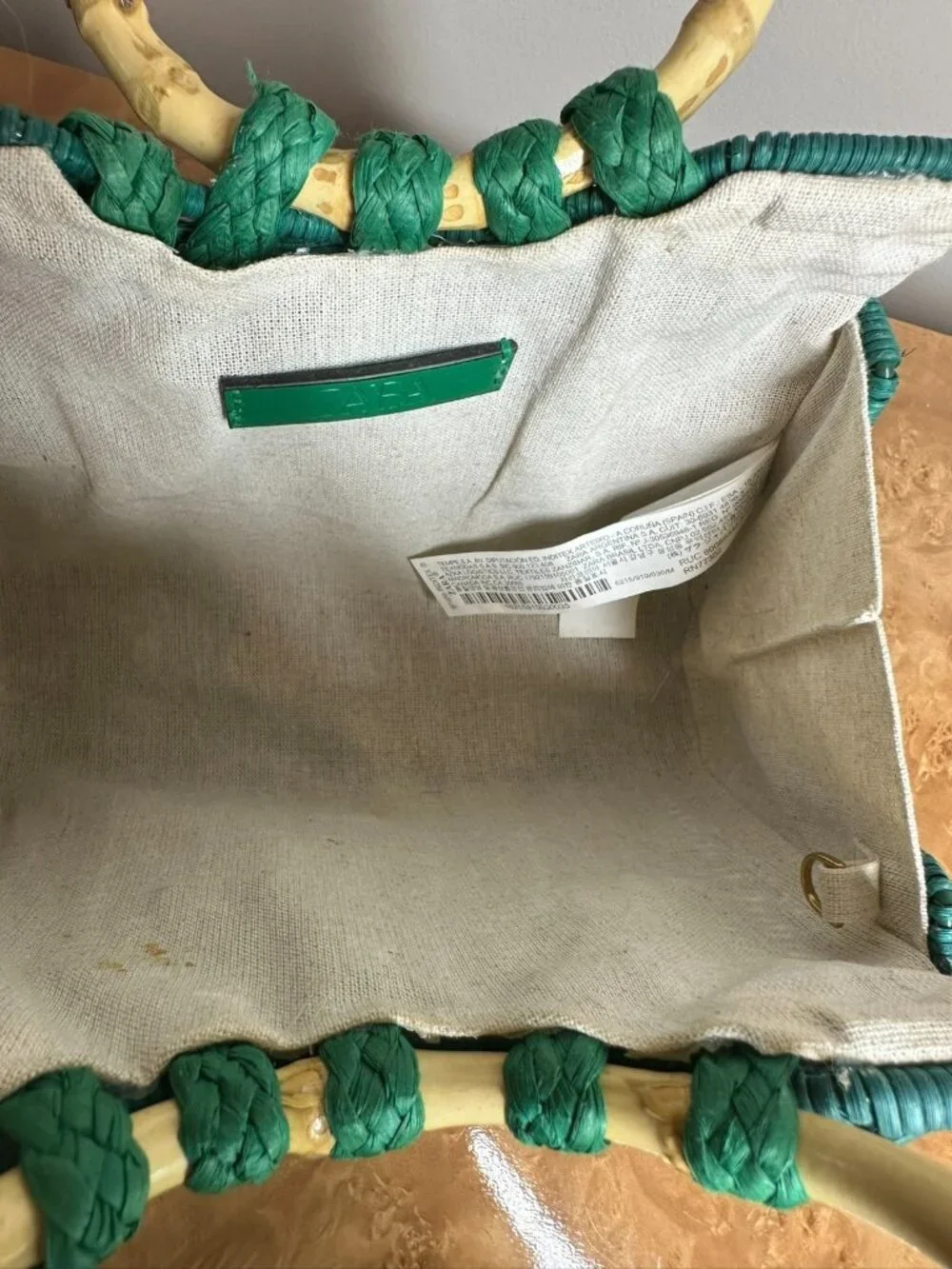 Zara Turquoise Woven Straw Tote Bamboo Ring Handles Beach Resort Handbag Boho